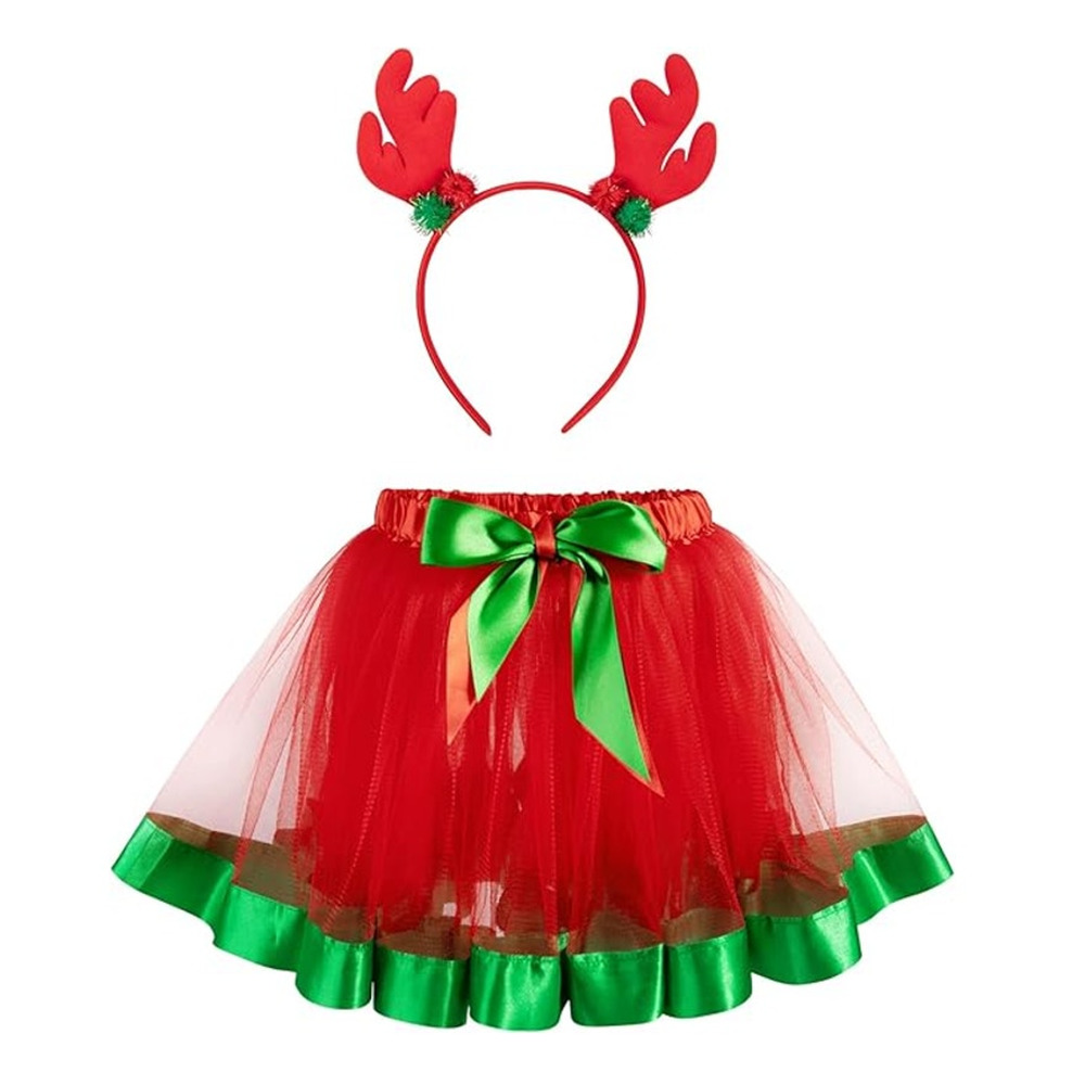 Reindeer Costume 2-5 Yrs Red & Green Tutu with Antler Headband
